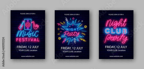 Music show neon flyers collection. Night club party. Disco dance. Vertical posters set. Vector stock illustration