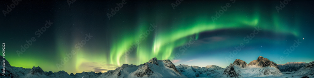 A spectacular view of a snowy mountain range under the glow of the Northern Lights. Ideal for graphic use or to evoke sublime emotions. Generative AI