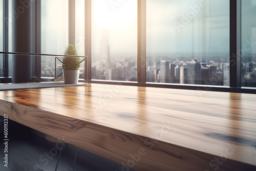 Workplace Office Desk, Wood table top, and blur glass window wall building background, for display products, Generative AI