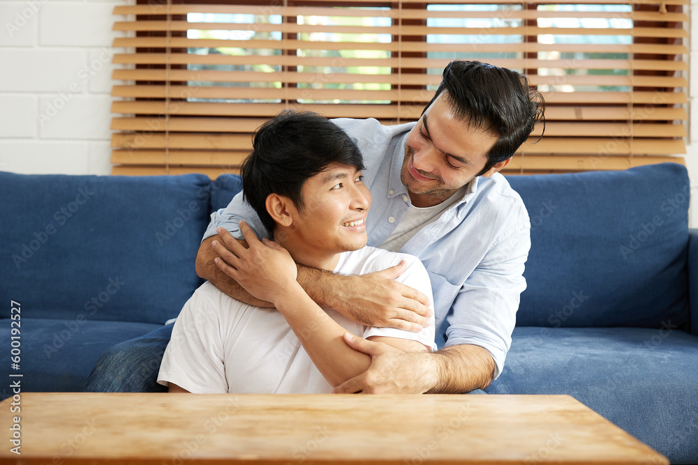 LGBT gay couple hugging each other in the living room LGBT gay couple hugging each other in the living room
