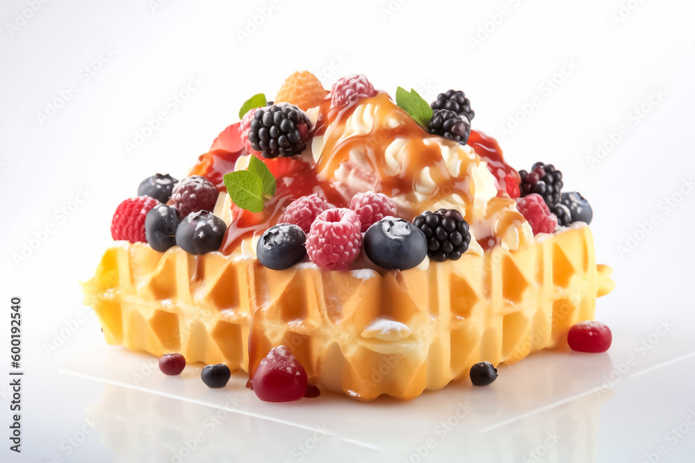 A delicious golden-brown waffle topped with honey and fresh fruit, ready to be enjoyed on a clean white background. generative AI. A delicious golden-brown waffle topped with honey and fresh fruit, ready to be enjoyed on a clean white background. generative AI.