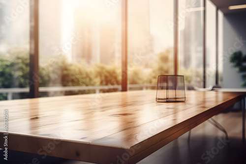 Workplace Office Desk, Wood table top, and blur glass window wall building background, for display products, Generative AI