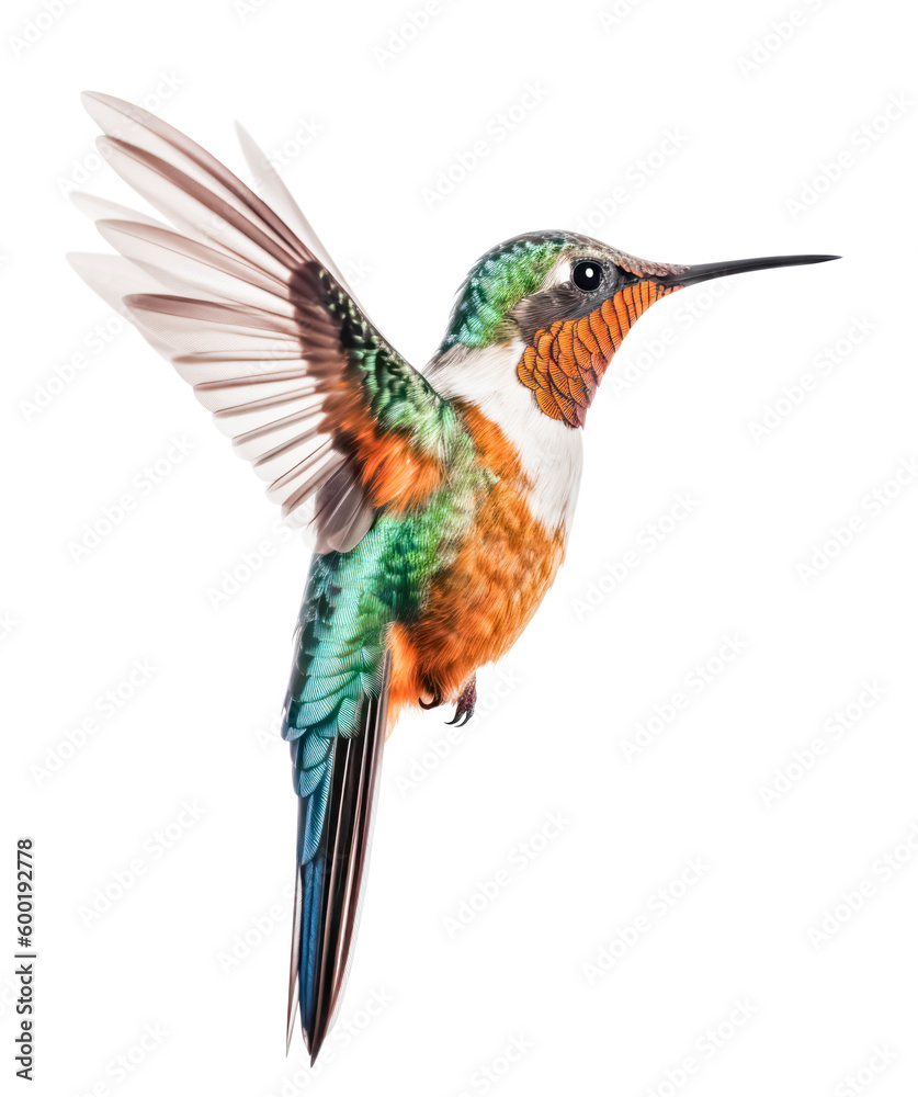 Obraz premium colorful hummingbird with orange and teal feathers in flight (2), isolated over a transparent background, cut-out exotic / tropical animal nature design element, generative AI