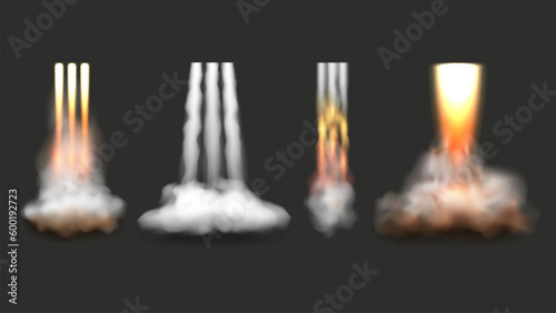 Rocket launch fire. Flame and smoke from space shuttle startup decent vector realistic illustration set