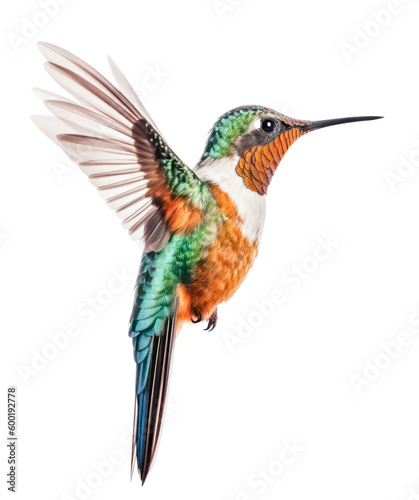 colorful hummingbird with orange and teal feathers in flight (2), isolated over a transparent background, cut-out exotic / tropical animal nature design element, generative AI