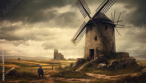 Tenebrist recreation artistic of landscape of ancient european windmill a cloudy day. Illustration AI photo