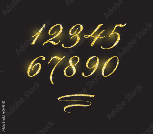 Realistic shining golden glitter numbers 1, 2, 3, 4, 5, 6, 7, 8, 9, 0. Set of isolated vector objects one, two, three, four, five, six, seven, eight, nine, zero for decoration, celebration design.