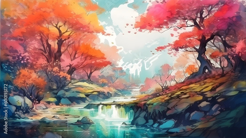 Watercolor Chromatic fantasy adventure forest, flowers, garden, river, generative ai