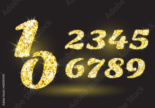 Realistic shining golden glitter numbers 1, 2, 3, 4, 5, 6, 7, 8, 9, 0. Set of isolated vector objects one, two, three, four, five, six, seven, eight, nine, zero for decoration, celebration design.