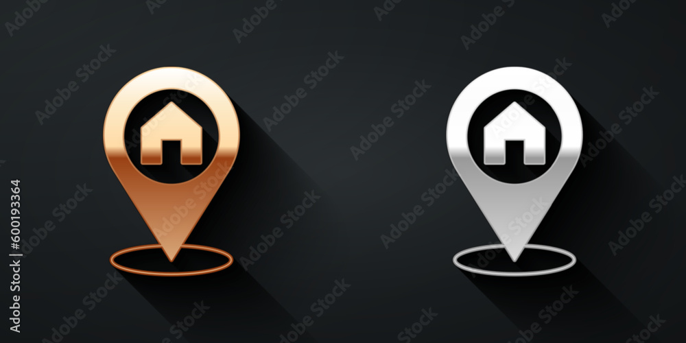 Gold and silver Map pointer with house icon isolated on black background. Home location marker symbol. Long shadow style. Vector Gold and silver Map pointer with house icon isolated on black background. Home location marker symbol. Long shadow style. Vector