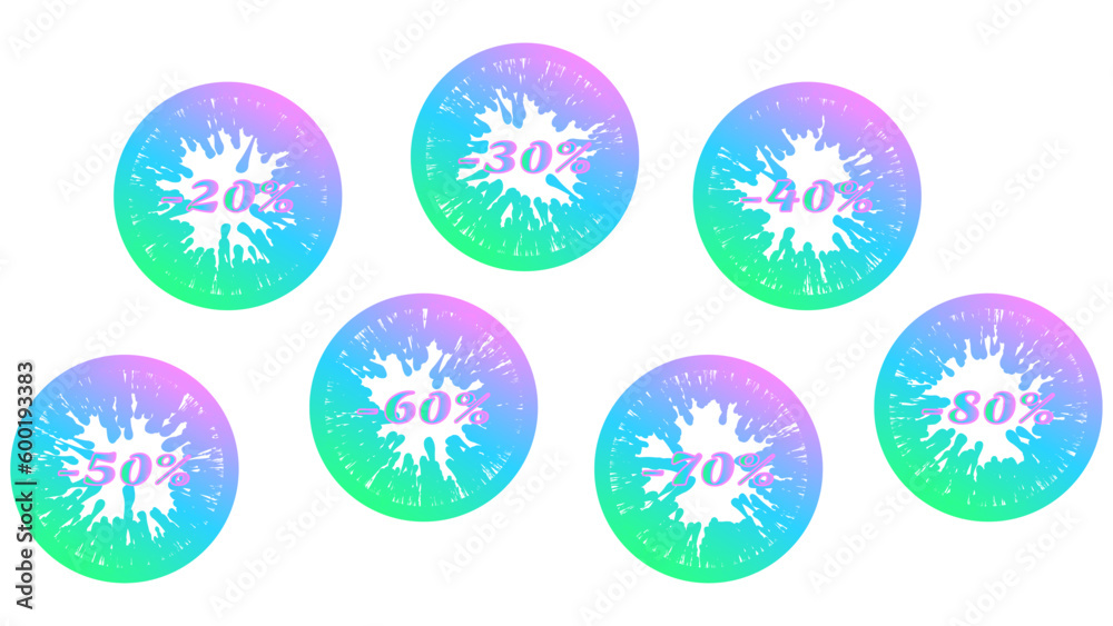 Vector set of vibrant gradient splatter sale icons 20%, 30%, 40%, 50%, 60%, 70%, 80% off. Discount blots tags, colorful special offer labels. Isolated splash signs for design template. Vector set of vibrant gradient splatter sale icons 20%, 30%, 40%, 50%, 60%, 70%, 80% off. Discount blots tags, colorful special offer labels. Isolated splash signs for design template.