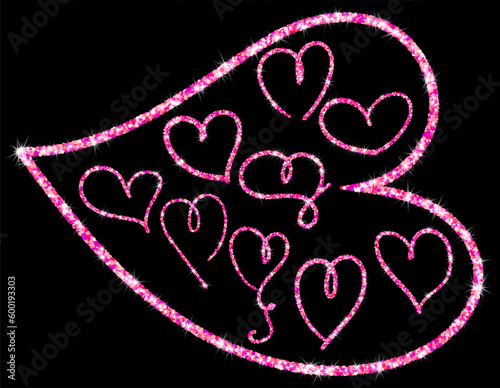 Handdrawn trendy pink glitter line hearts, isolated design objects. Shimmer vector outline..