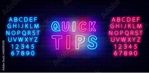 Quick tips neon label. Colorful handwritten text. Idea and help center. Shiny blue and pink font. Vector illustration