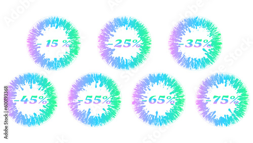 Vector set of vibrant gradient splatter sale icons 15%, 25%, 35%, 45%, 55%, 65%, 75% off. Discount blots tags, colorful special offer labels. Isolated splash signs for design template.
