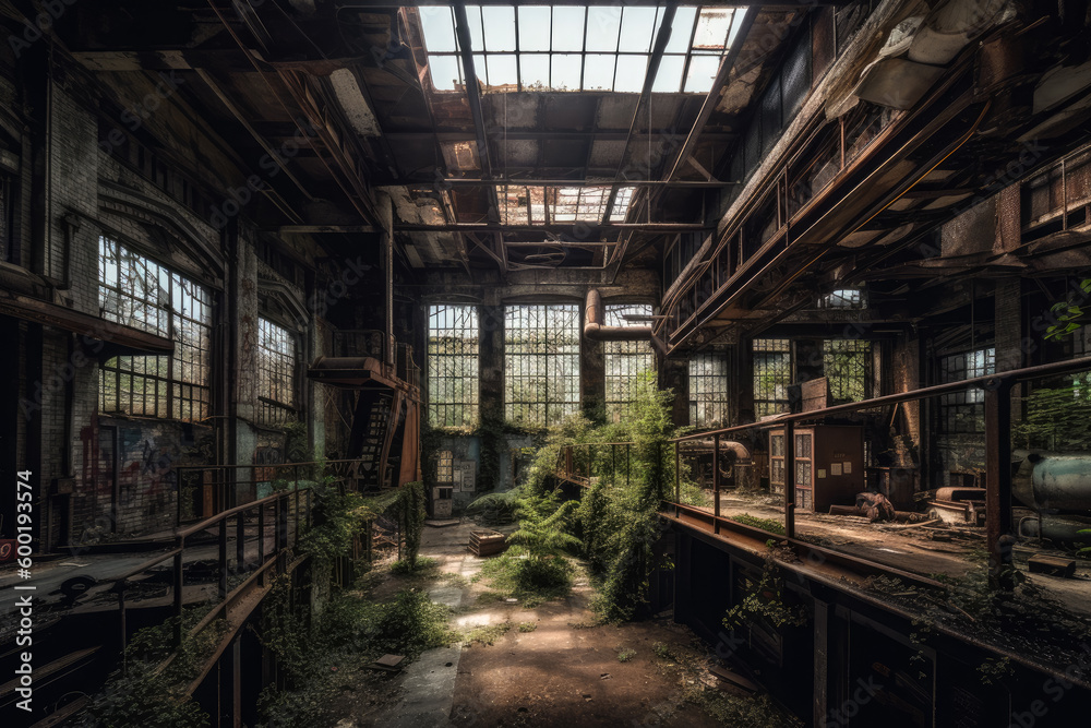 An abandoned factory with plants growing inside. Created with Generative AI.