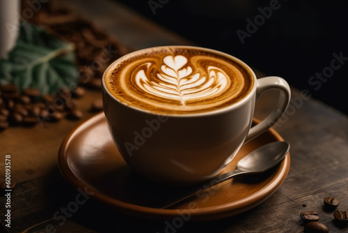 A cup of coffee with a latte art inside. Created with Generative AI.