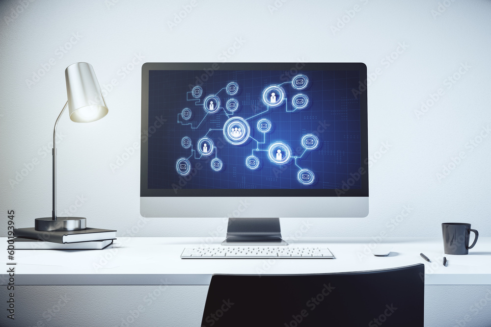 Modern computer monitor with social network icons concept. Marketing and promotion concept. 3D Rendering Modern computer monitor with social network icons concept. Marketing and promotion concept. 3D Rendering