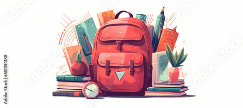 Vector illustration of red backpack with school supplies, generative AI.