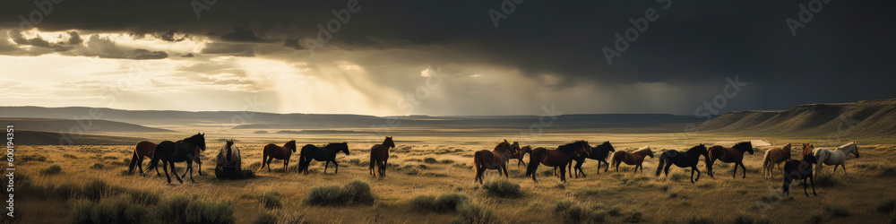 A wild steppe unveiled by the wind, with horses running free under a stormy sky creating a breathtaking dramatic landscape. Generative AI