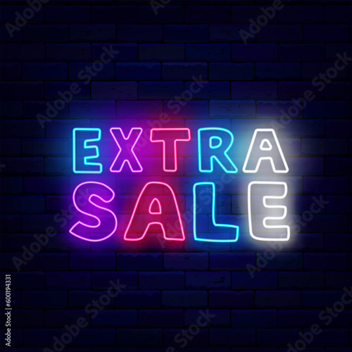 Extra Sale neon label on brick wall. Special offer emblem. Marketing. Colorful handwritten text. Vector illustration