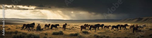 A wild steppe unveiled by the wind, with horses running free under a stormy sky creating a breathtaking dramatic landscape. Generative AI © XaMaps