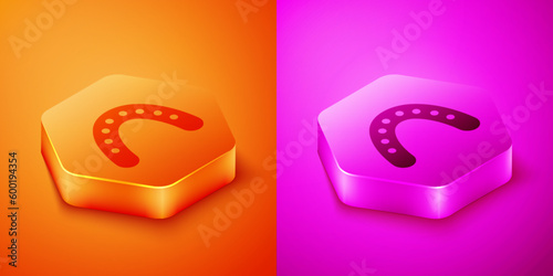 Isometric Mouth guard boxer icon isolated on orange and pink background. Hexagon button. Vector