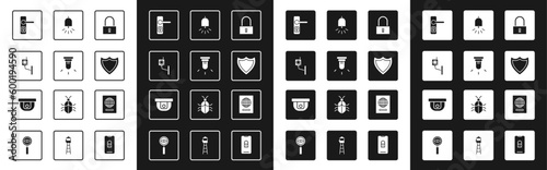 Set Lock, Motion sensor, Security camera, Door handle, Shield, Ringing alarm bell, Passport and icon. Vector