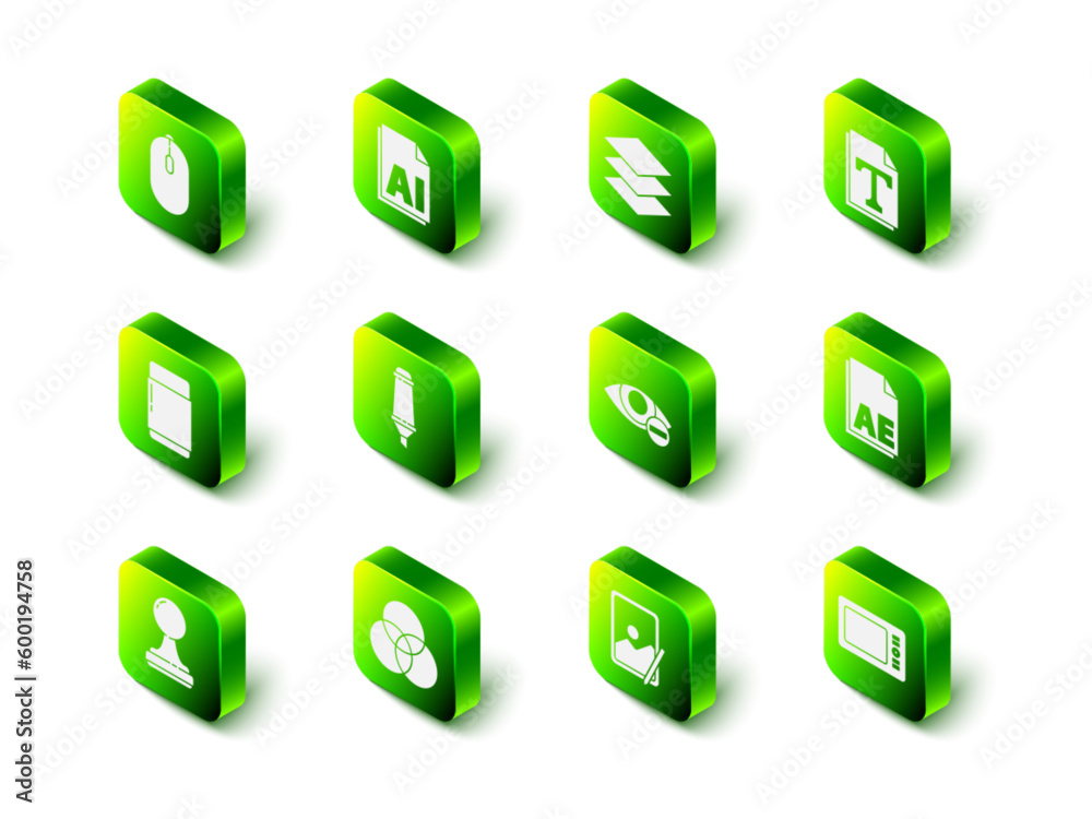 Set AI file document, Layers, Text, AE, Graphic tablet, Red eye effect, and RGB and CMYK color mixing icon. Vector Set AI file document, Layers, Text, AE, Graphic tablet, Red eye effect, and RGB and CMYK color mixing icon. Vector