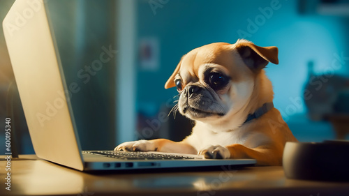 cute dog looking on laptop monitor screen at home, AI generative