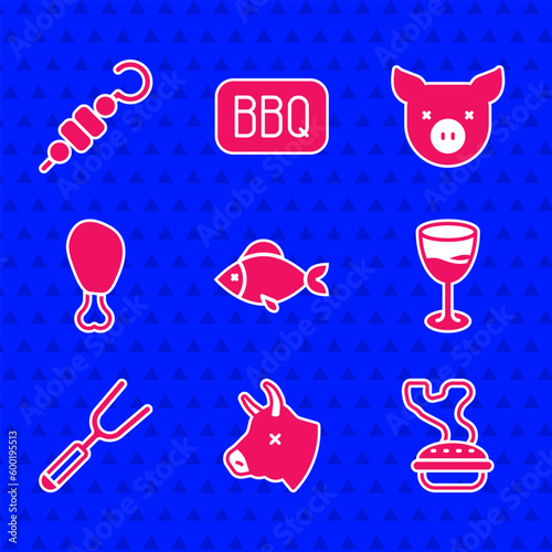 Set Fish, Cow head, Homemade pie, Wine glass, Barbecue fork, Chicken leg, Pig and Grilled shish kebab icon. Vector