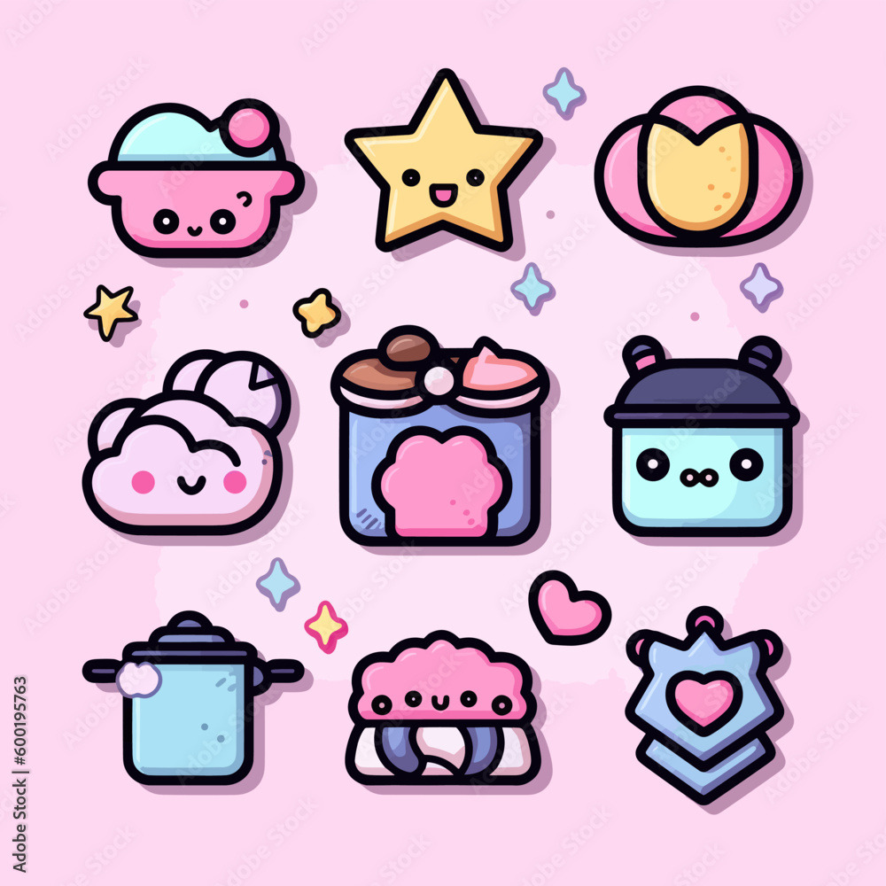 Cute various icons in kawaii style