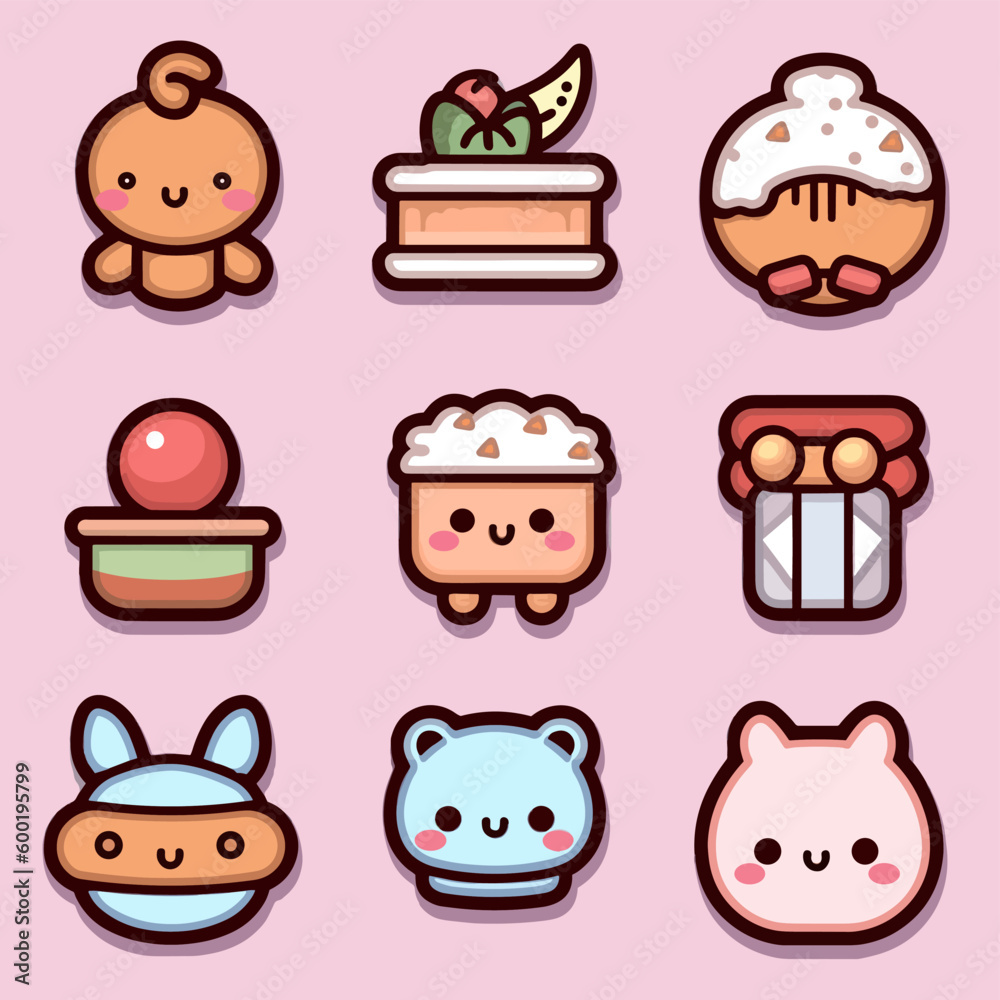 Fototapeta premium Cute various icons in kawaii style