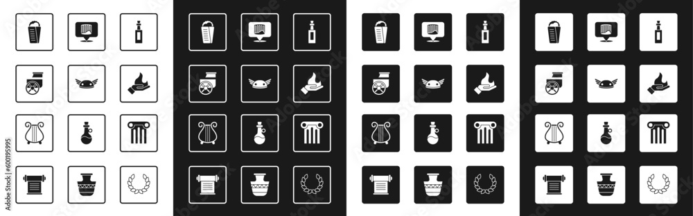 Set Bottle of olive oil, Helmet with wings, Ancient chariot, Gyros Pita Greek, Hand holding fire, column, and lyre icon. Vector Set Bottle of olive oil, Helmet with wings, Ancient chariot, Gyros Pita Greek, Hand holding fire, column, and lyre icon. Vector