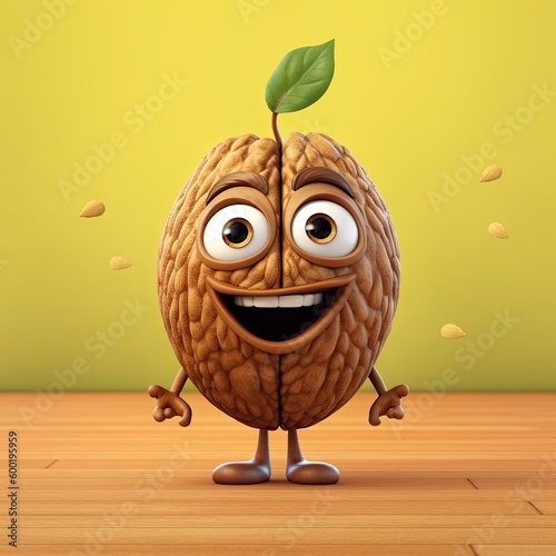 Cute Cartoon Walnut Character (Generative AI) photo