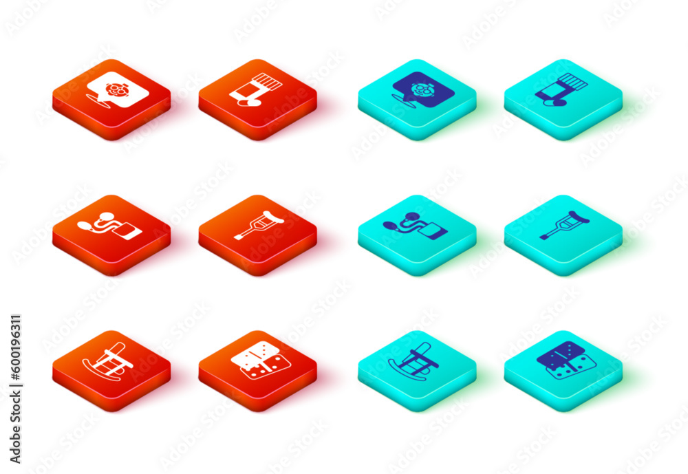 Set Rocking chair, Domino, Blood pressure, Crutch or crutches, Medicine bottle and pills and Grandmother icon. Vector Set Rocking chair, Domino, Blood pressure, Crutch or crutches, Medicine bottle and pills and Grandmother icon. Vector
