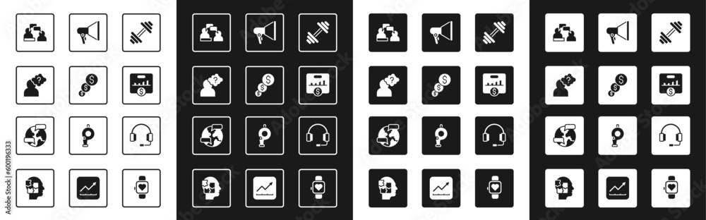 Set Dumbbell, Financial growth and dollar, Head with question mark, Two sitting men talking, Key performance indicator, Megaphone, Headphones and Worldwide icon. Vector Set Dumbbell, Financial growth and dollar, Head with question mark, Two sitting men talking, Key performance indicator, Megaphone, Headphones and Worldwide icon. Vector