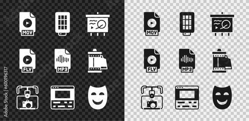 Set MOV file document, Softbox light, Scenario on chalkboard, Gimbal stabilizer with camera, Video recorder laptop, Comedy theatrical mask, FLV and MP3 icon. Vector