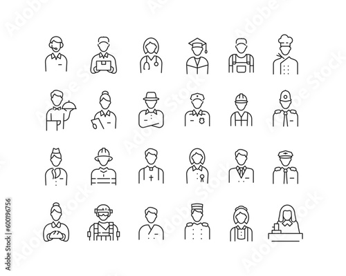 People and Occupations Icon collection containing 16 editable stroke icons. Perfect for logos, stats and infographics. Edit the thickness of the line in Adobe Illustrator (or any vector capable app).