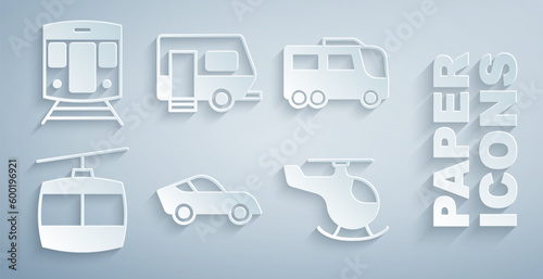 Set Car, Bus, Cable car, Helicopter, Rv Camping trailer and Train and railway icon. Vector