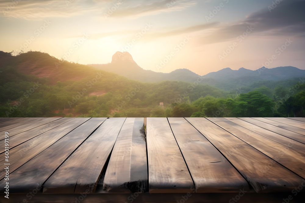 Empty old wood table in the nature with blurred mountain on background, ai generative illustration