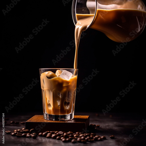 professional coffee preparation. coffee with milk is poured into a glass with ice . High quality Generative AI