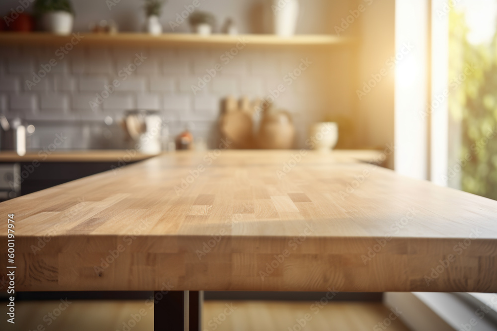 Empty rustic wood table in a comfortable sunny kitchen with blurred background, ai generative illustration