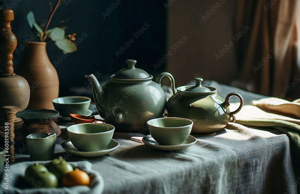 a tea pot and cups of green tea are stacked on a table