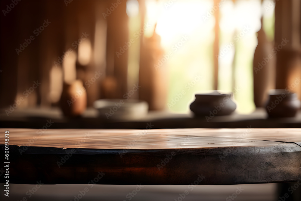 Obraz premium Empty rustic wood table in a sunny spa, blurred background, ai generative illustration