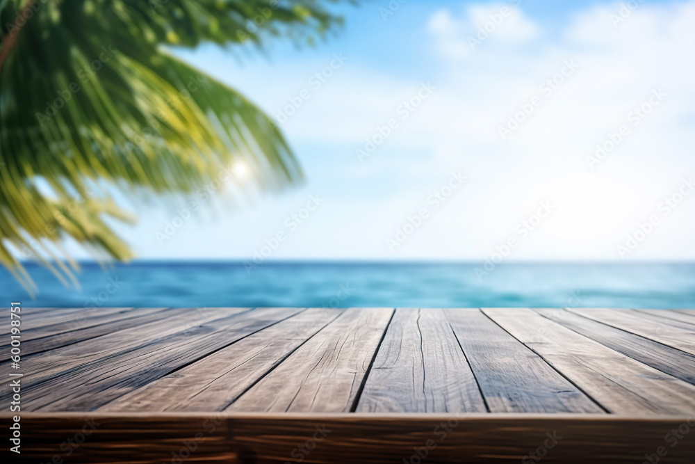 Empty rustic wood table in a tropical beach with blurred background, ai generative illustration Empty rustic wood table in a tropical beach with blurred background, ai generative illustration