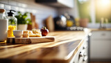 Empty rustic wood table in a sunny kitchen, blurred background, ai generative illustration