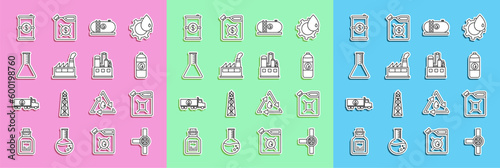 Set line Industry pipes and valve, Canister for gasoline, motor machine oil, Oil industrial factory building, petrol test tube, Barrel with dollar and icon. Vector