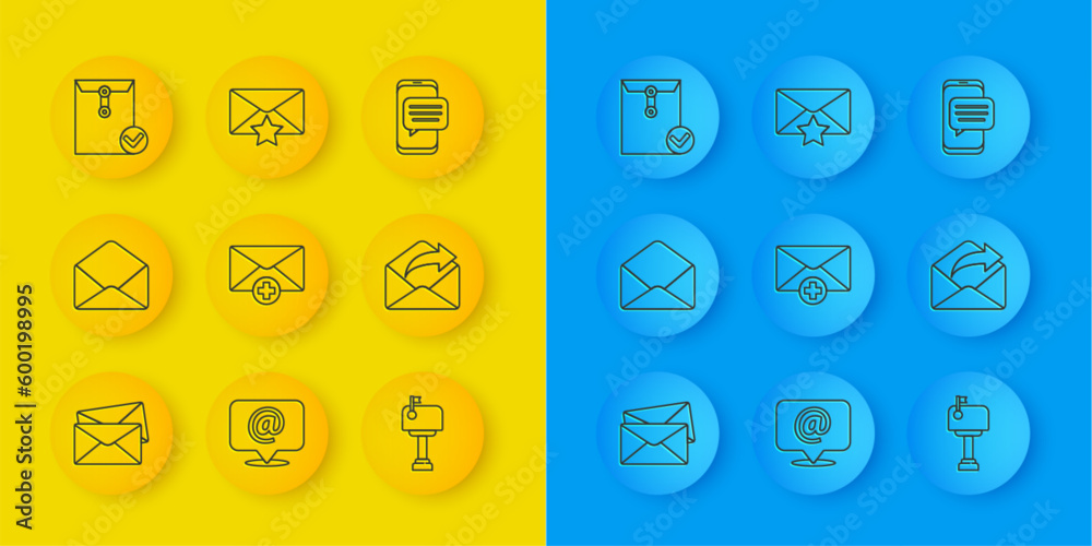 Set line Envelope, Received message concept, Mail box, Outgoing mail, and check mark, Chat messages notification phone and with star icon. Vector Set line Envelope, Received message concept, Mail box, Outgoing mail, and check mark, Chat messages notification phone and with star icon. Vector