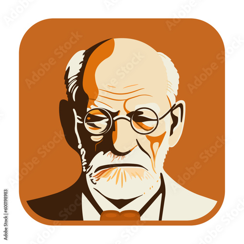 Sigmund Freud - father of psychoanalysis, portrait. Ego, superego, libido, sexuality. Vector flat illustration in several colors, silhouette