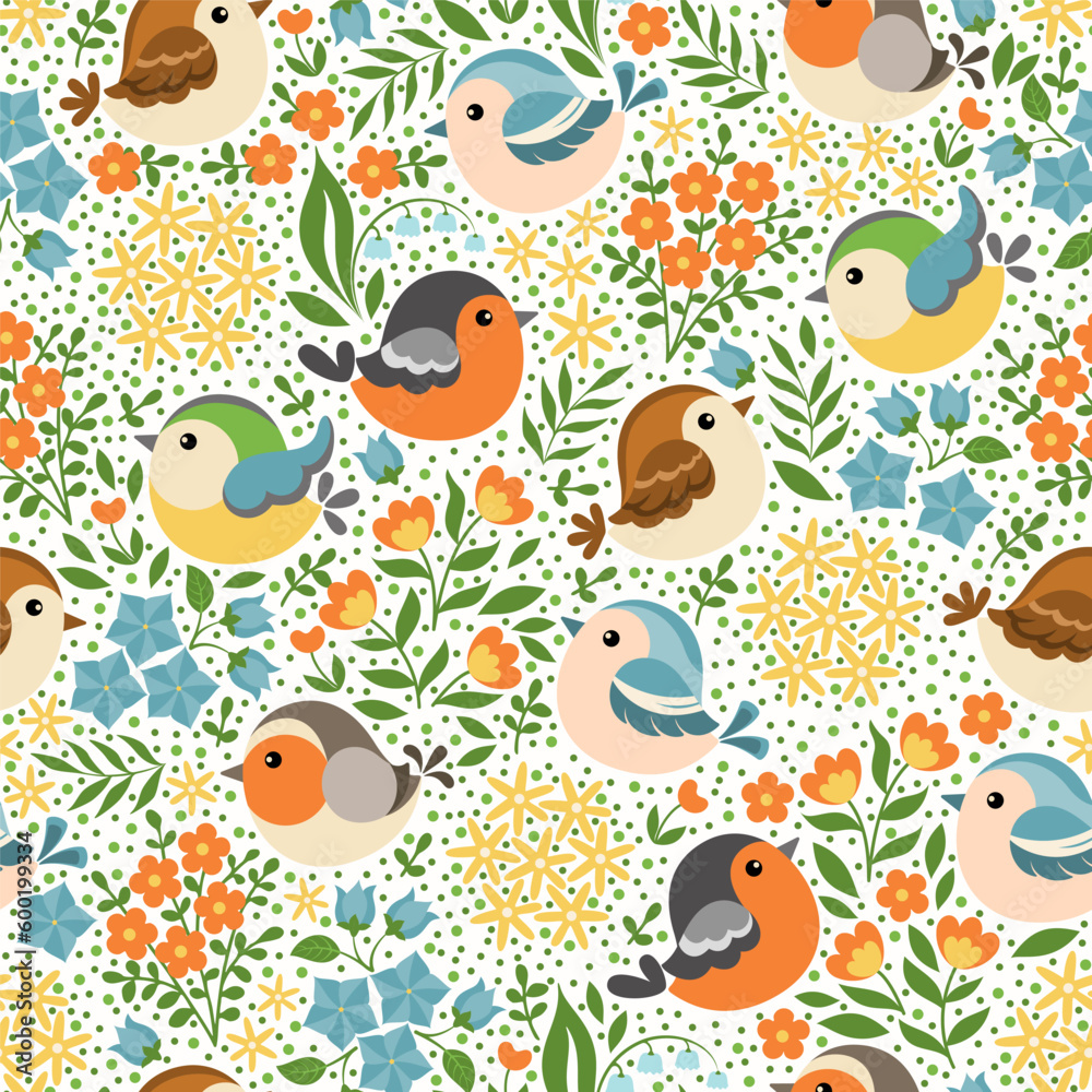 Seamless pattern, spoonflower style. Different spring birds on flower background. Vector illustration.